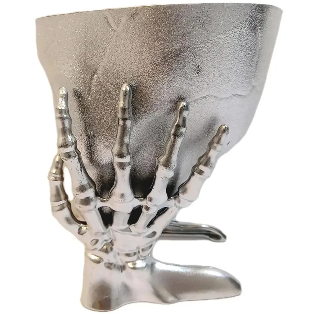 Halloween Skull Candy Table Bowl Silver Metallic Chrome Dish Skeleton Hands